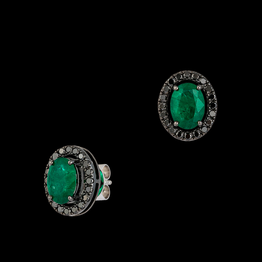 
            
                Load image into Gallery viewer, Emerald Studs with Black Diamond Halo
            
        